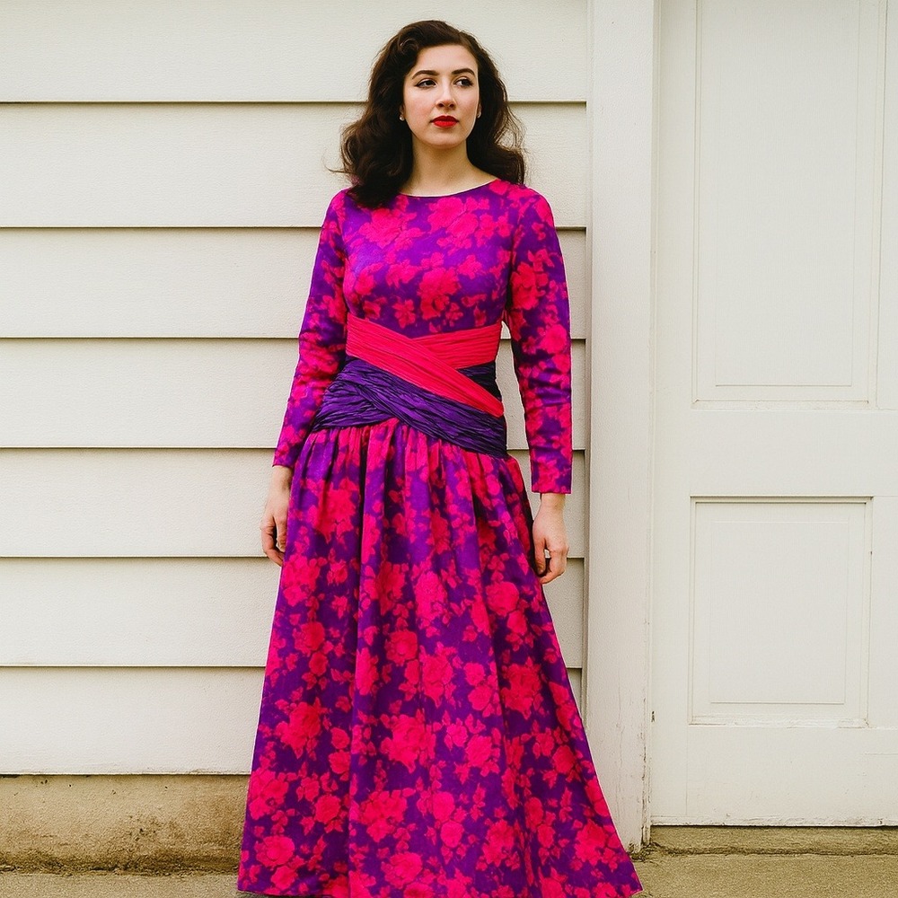 Vintage Creeds‎ Formal Evening Gown Womens Small Floral Print Purple Pink Maxi